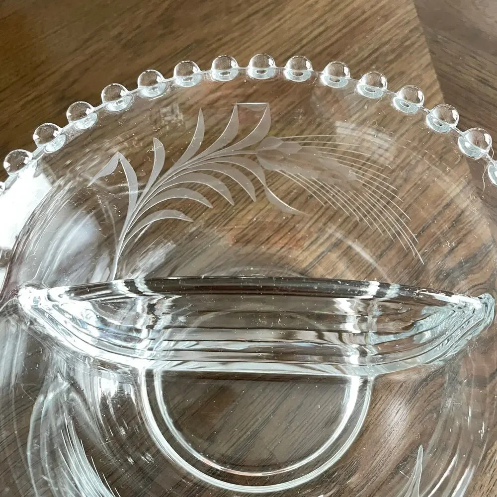 Imperial Candlewick Divided Etched Glass Bowl Bead Edge Wheat Serving Elegant